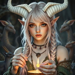 A captivating young woman, around 26 years old, inspired by classical periods such as ancient Greece, Rome, Celts, and pagan mythology, embodies a unique elf-satyr hybrid with androgynous features