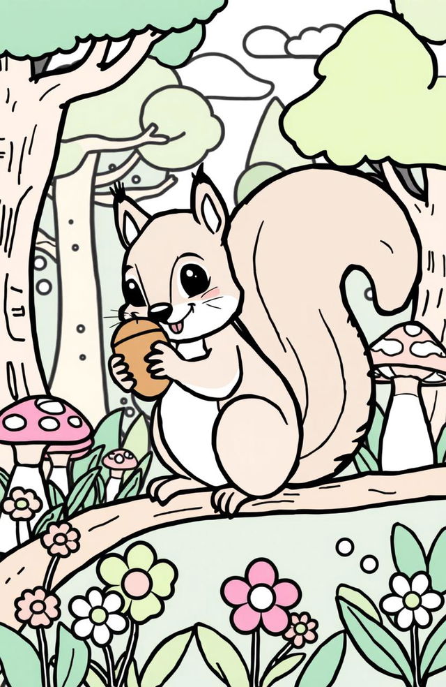 A cute and playful squirrel in a whimsical forest setting, designed as a coloring book illustration