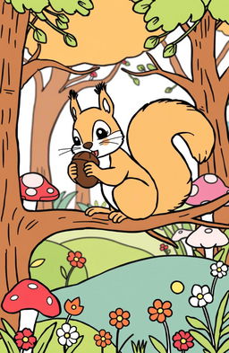 A cute and playful squirrel in a whimsical forest setting, designed as a coloring book illustration