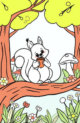 A cute and playful squirrel in a whimsical forest setting, designed as a coloring book illustration
