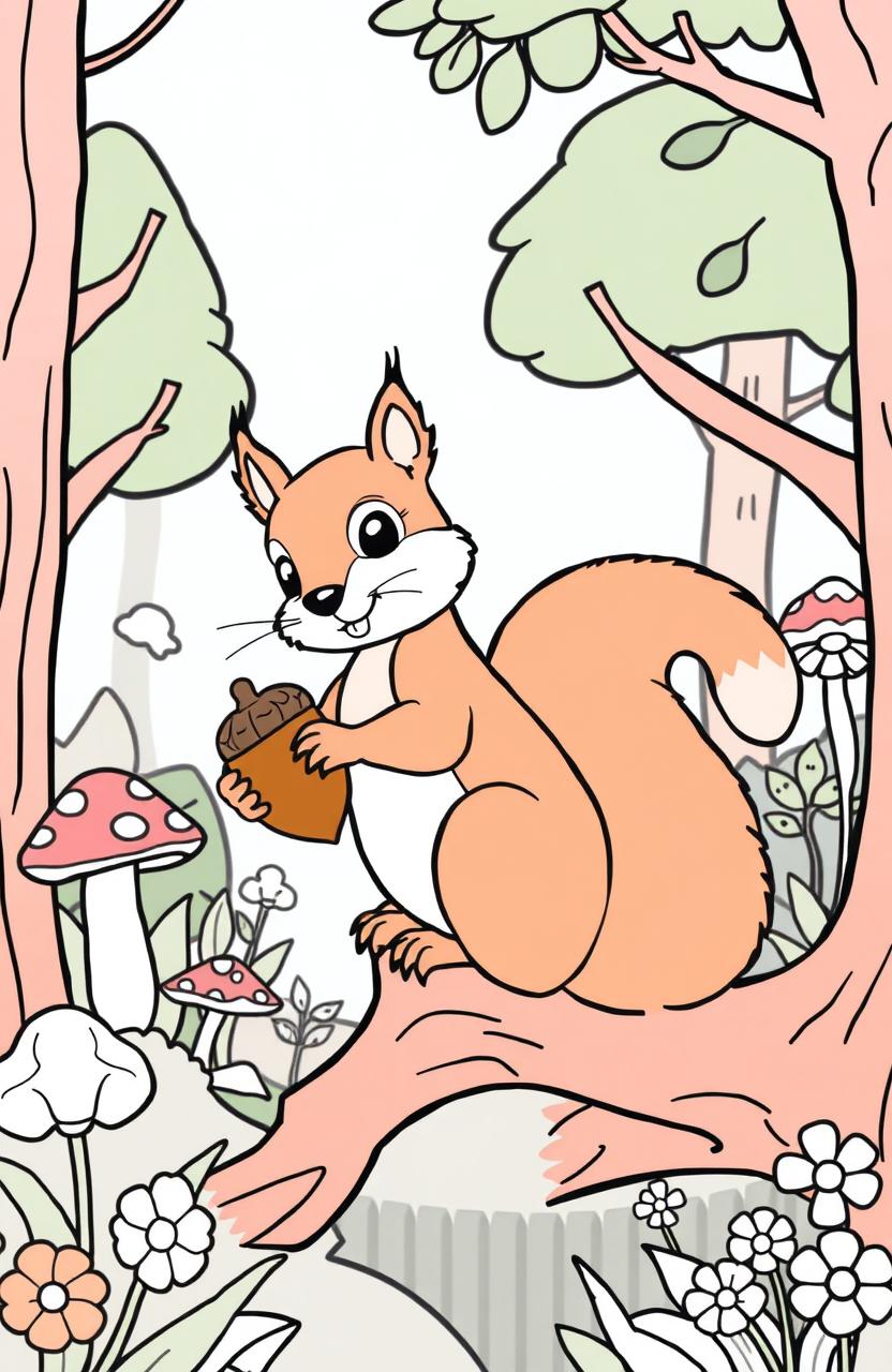 A cute and playful squirrel in a whimsical forest setting, designed as a coloring book illustration