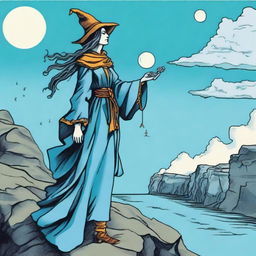 The Fool Tarot card redesigned with a witch as the main character, adorned in a sky-blue ensemble, standing at the edge of a cliff, gazing into the unknown, with a similarly blue sky backdrop