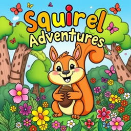 A vibrant and eye-catching cover page for a coloring book titled 'Squirrel Adventures'