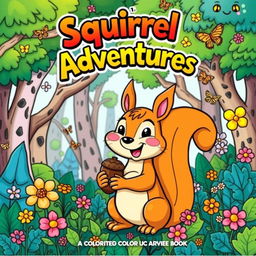 A vibrant and eye-catching cover page for a coloring book titled 'Squirrel Adventures'