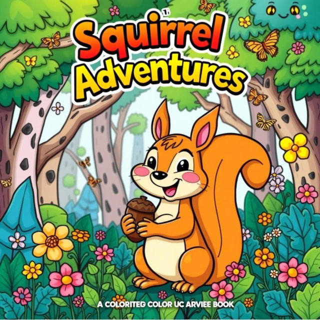 A vibrant and eye-catching cover page for a coloring book titled 'Squirrel Adventures'