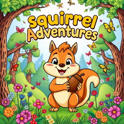 A vibrant and eye-catching cover page for a coloring book titled 'Squirrel Adventures'