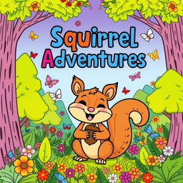 A vibrant and eye-catching cover page for a coloring book titled 'Squirrel Adventures'