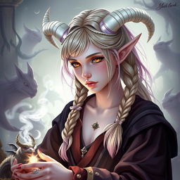 A young female character around 26 years old, inspired by classical periods such as ancient Greece, Rome, Celts, and pagan mythology, taking the form of a unique elf-satyr hybrid with androgynous features