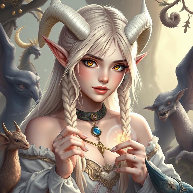 A young female character around 26 years old, inspired by classical periods such as ancient Greece, Rome, Celts, and pagan mythology, taking the form of a unique elf-satyr hybrid with androgynous features