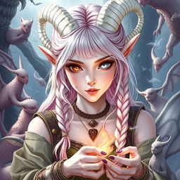 A young female character around 26 years old, inspired by classical periods such as ancient Greece, Rome, Celts, and pagan mythology, taking the form of a unique elf-satyr hybrid with androgynous features