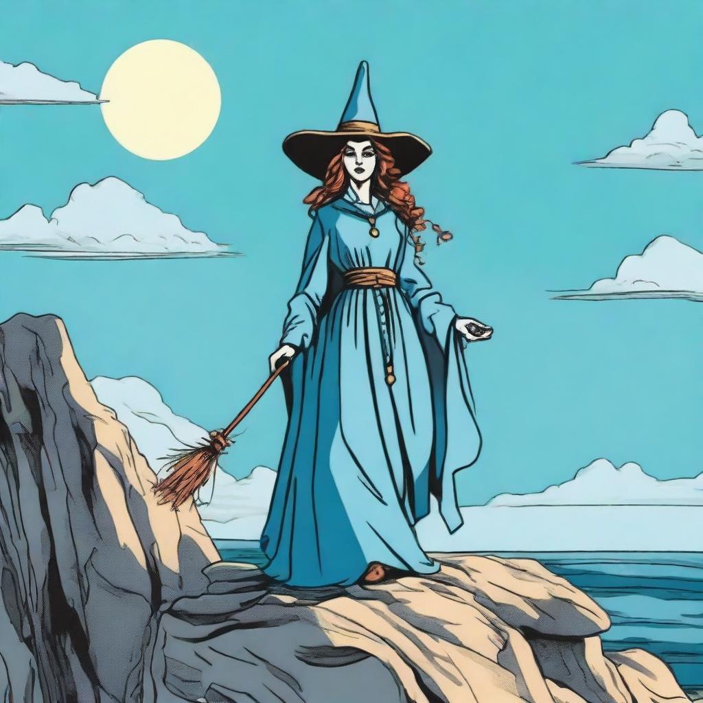 The Fool Tarot card redesigned with a witch as the main character, adorned in a sky-blue ensemble, standing at the edge of a cliff, gazing into the unknown, with a similarly blue sky backdrop