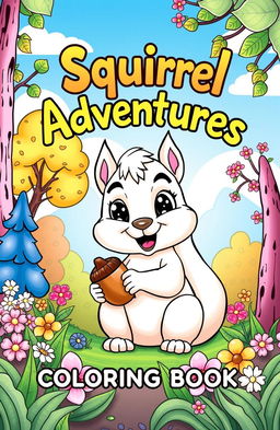 A whimsical and enchanting coloring book cover featuring a playful squirrel surrounded by a vibrant forest setting