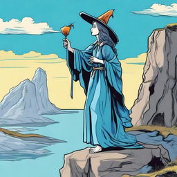 The Fool Tarot card redesigned with a witch as the main character, adorned in a sky-blue ensemble, standing at the edge of a cliff, gazing into the unknown, with a similarly blue sky backdrop