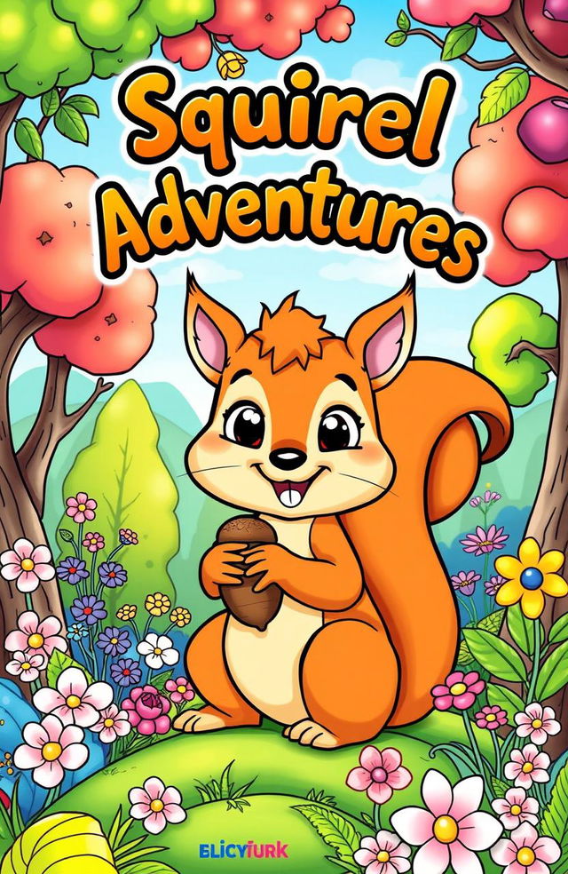 A whimsical and enchanting coloring book cover featuring a playful squirrel surrounded by a vibrant forest setting