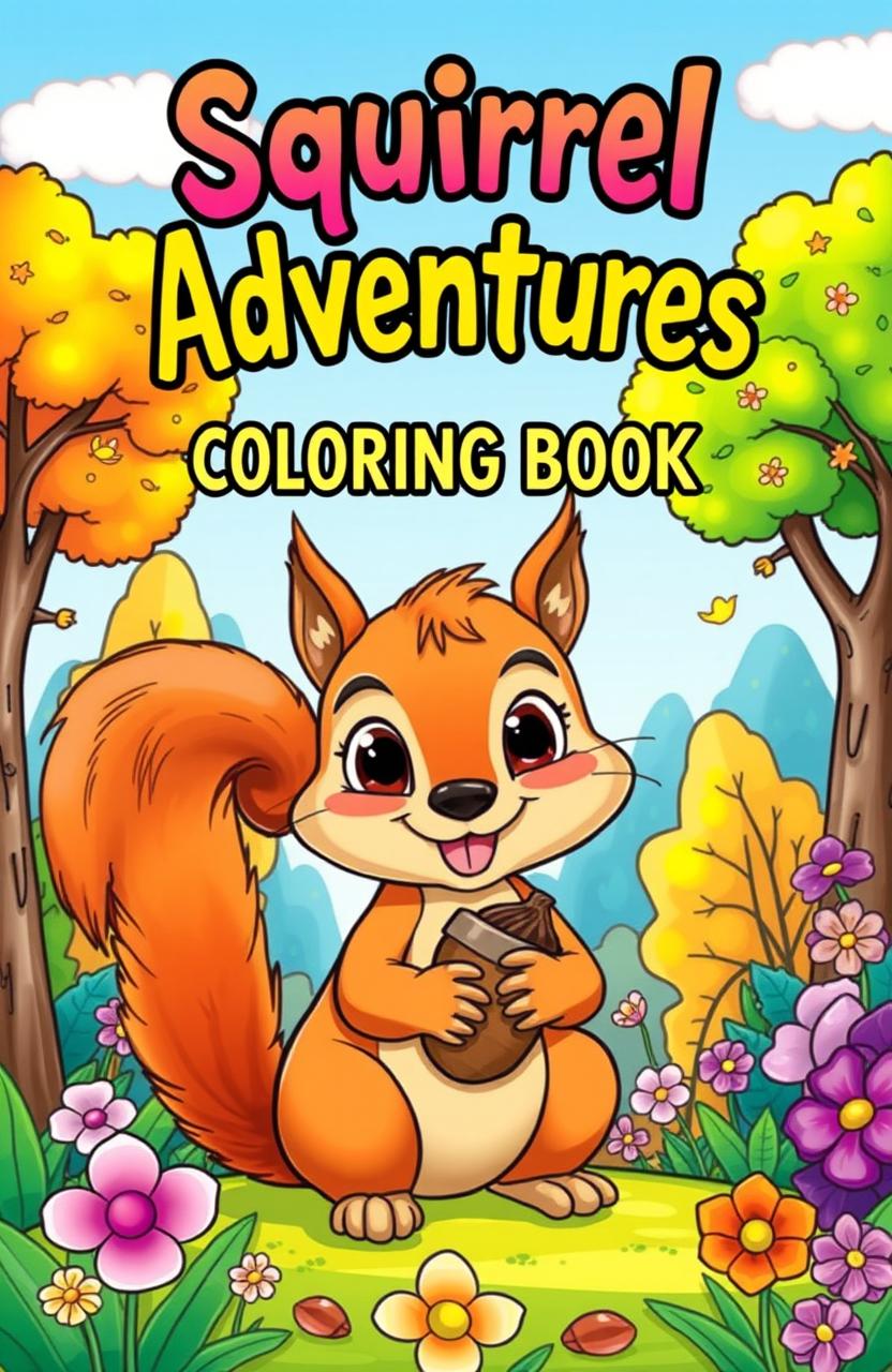 A whimsical and enchanting coloring book cover featuring a playful squirrel surrounded by a vibrant forest setting