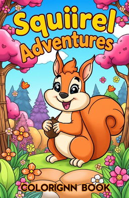 A whimsical and enchanting coloring book cover featuring a playful squirrel surrounded by a vibrant forest setting