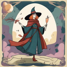 A reimagined Fool Tarot card featuring a gleeful witch as the main character, standing on the edge of a journey, her cloak fluttering in the wind, holding a wand in one hand and a small satchel in the other