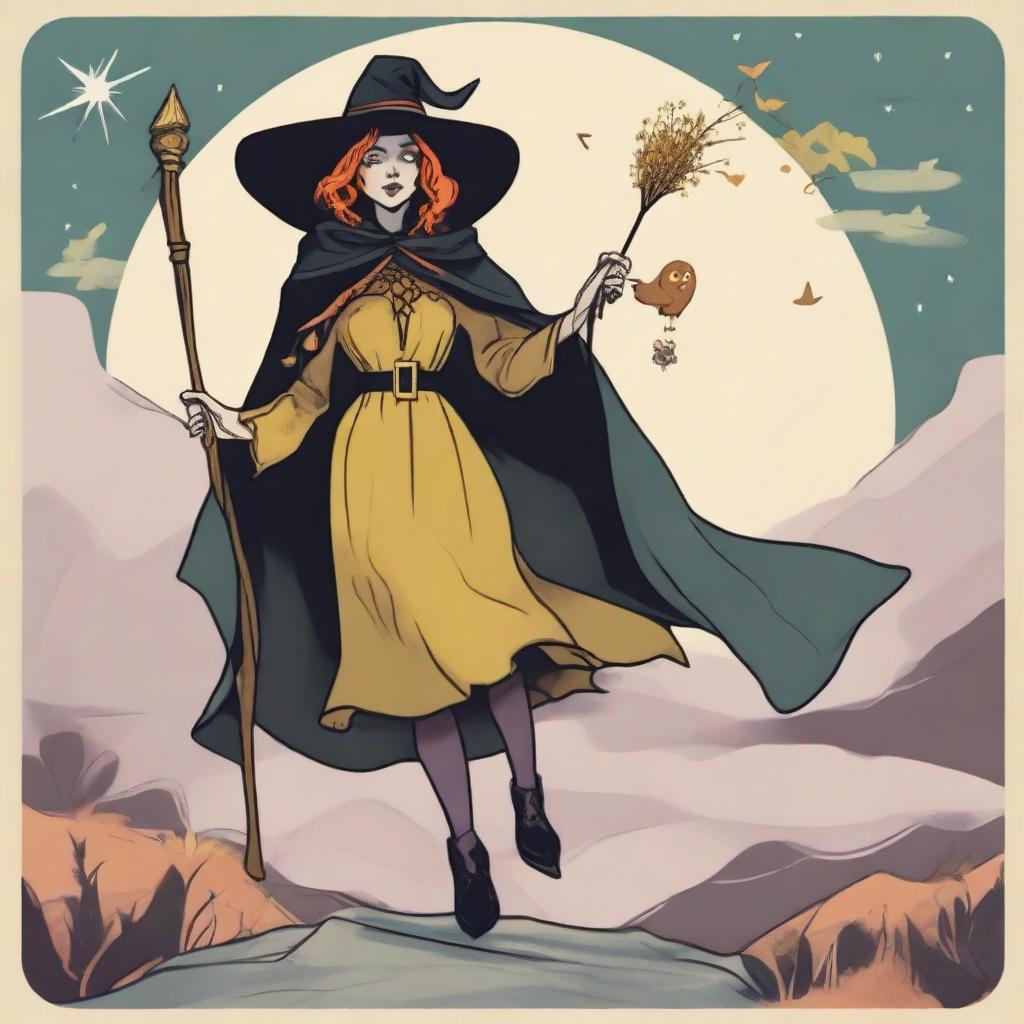 A reimagined Fool Tarot card featuring a gleeful witch as the main character, standing on the edge of a journey, her cloak fluttering in the wind, holding a wand in one hand and a small satchel in the other