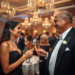 A formal event taking place in an elegant ballroom, decorated with lavish chandeliers and intricate floral arrangements