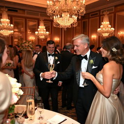 A formal event taking place in an elegant ballroom, decorated with lavish chandeliers and intricate floral arrangements