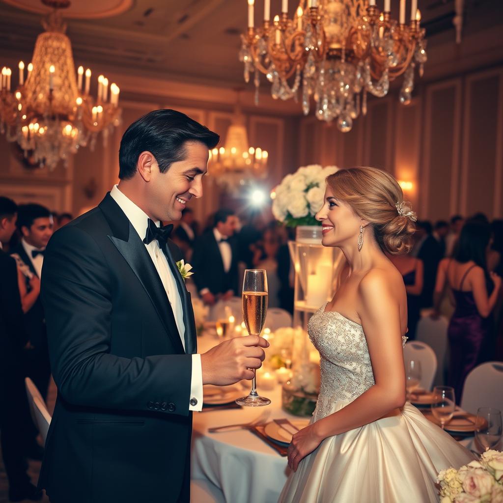 A formal event taking place in an elegant ballroom, decorated with lavish chandeliers and intricate floral arrangements