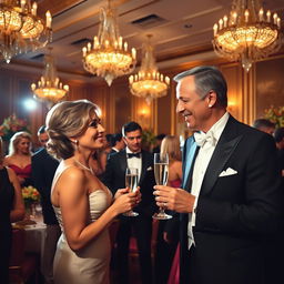A formal event taking place in an elegant ballroom, decorated with lavish chandeliers and intricate floral arrangements
