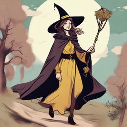 A reimagined Fool Tarot card featuring a gleeful witch as the main character, standing on the edge of a journey, her cloak fluttering in the wind, holding a wand in one hand and a small satchel in the other