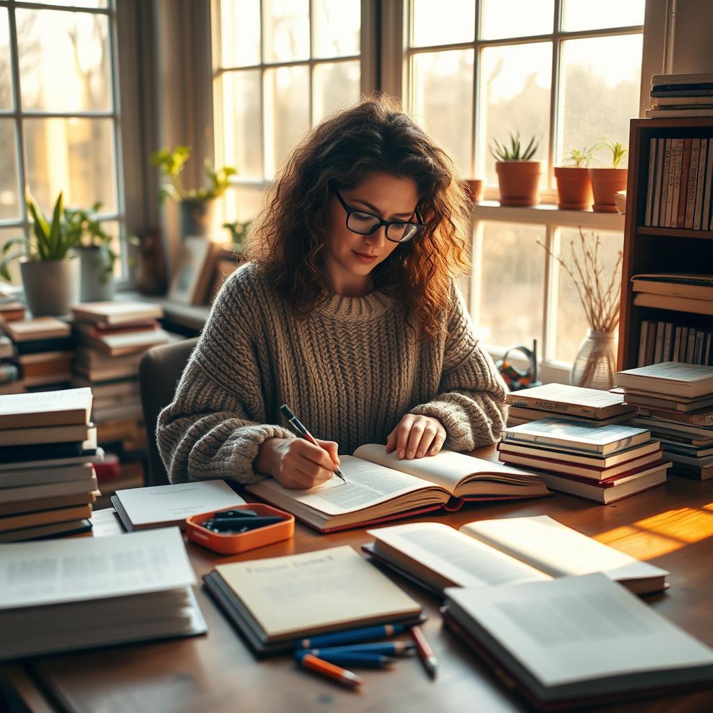 A beautifully designed image of a person sitting at a wooden desk, surrounded by stacks of books and open notebooks, deeply focused on writing in a journal