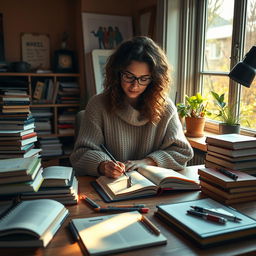 A beautifully designed image of a person sitting at a wooden desk, surrounded by stacks of books and open notebooks, deeply focused on writing in a journal