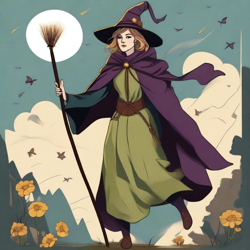 A reimagined Fool Tarot card featuring a gleeful witch as the main character, standing on the edge of a journey, her cloak fluttering in the wind, holding a wand in one hand and a small satchel in the other