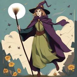 A reimagined Fool Tarot card featuring a gleeful witch as the main character, standing on the edge of a journey, her cloak fluttering in the wind, holding a wand in one hand and a small satchel in the other