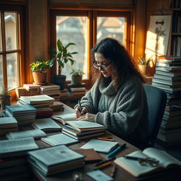 A beautifully designed image of a person sitting at a wooden desk, surrounded by stacks of books and open notebooks, deeply focused on writing in a journal