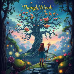 A beautifully illustrated fantasy book cover featuring a mystical forest at twilight