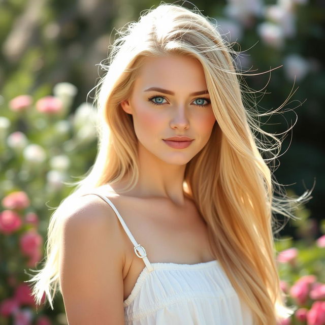 A beautiful young woman with striking blue eyes and long, flowing blond hair, standing confidently in a serene outdoor setting