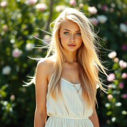 A beautiful young woman with striking blue eyes and long, flowing blond hair, standing confidently in a serene outdoor setting
