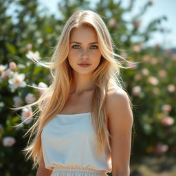 A beautiful young woman with striking blue eyes and long, flowing blond hair, standing confidently in a serene outdoor setting
