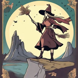 The Fool Tarot card reimagined with a jubilant witch as the main character