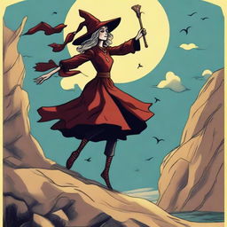 The Fool Tarot card reimagined with a jubilant witch as the main character