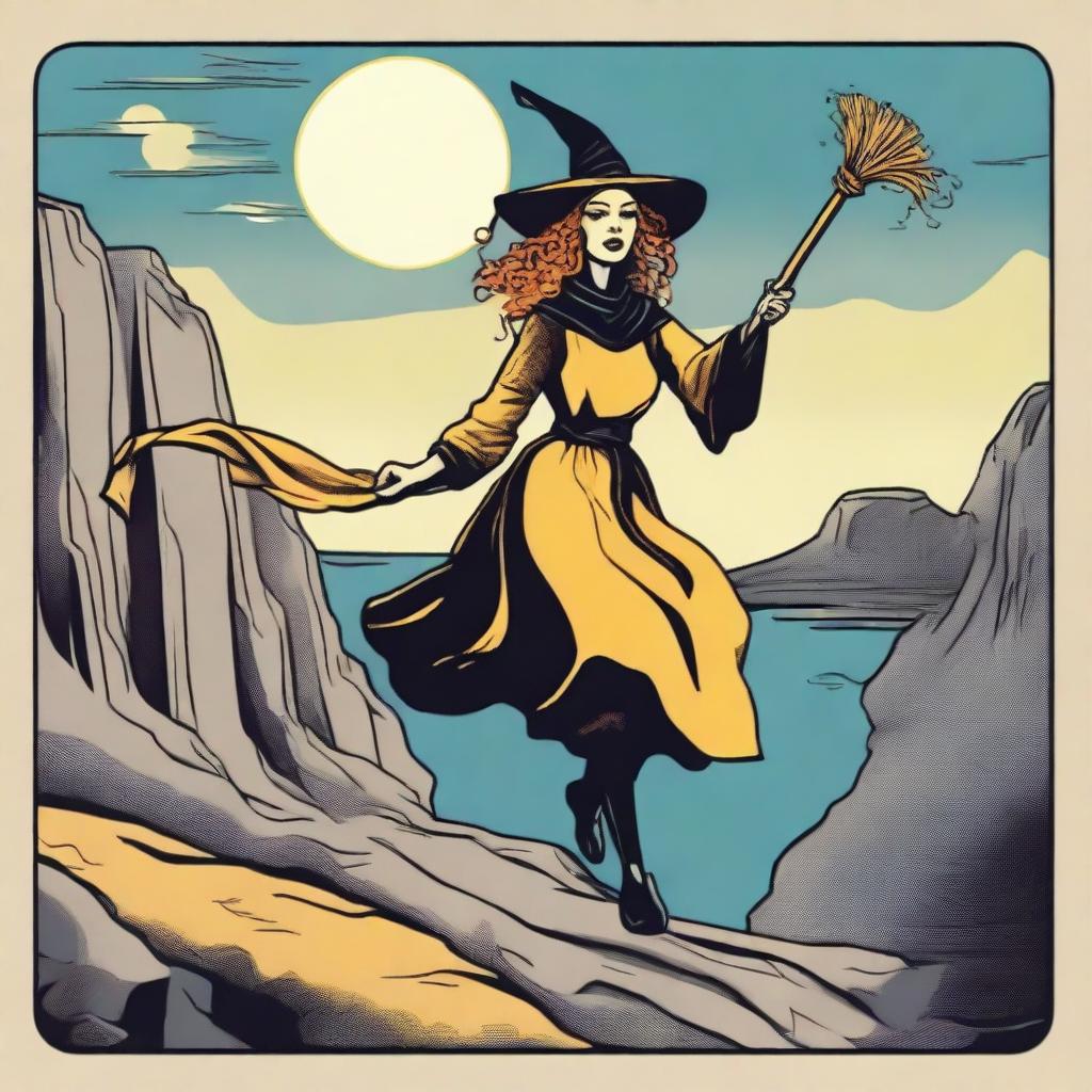 The Fool Tarot card reimagined with a jubilant witch as the main character