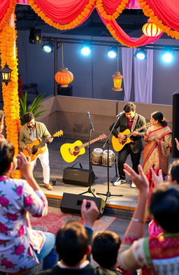 A vibrant and dynamic music cover featuring a group of musicians performing popular Hindi hits