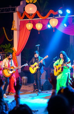 A vibrant and dynamic music cover featuring a group of musicians performing popular Hindi hits