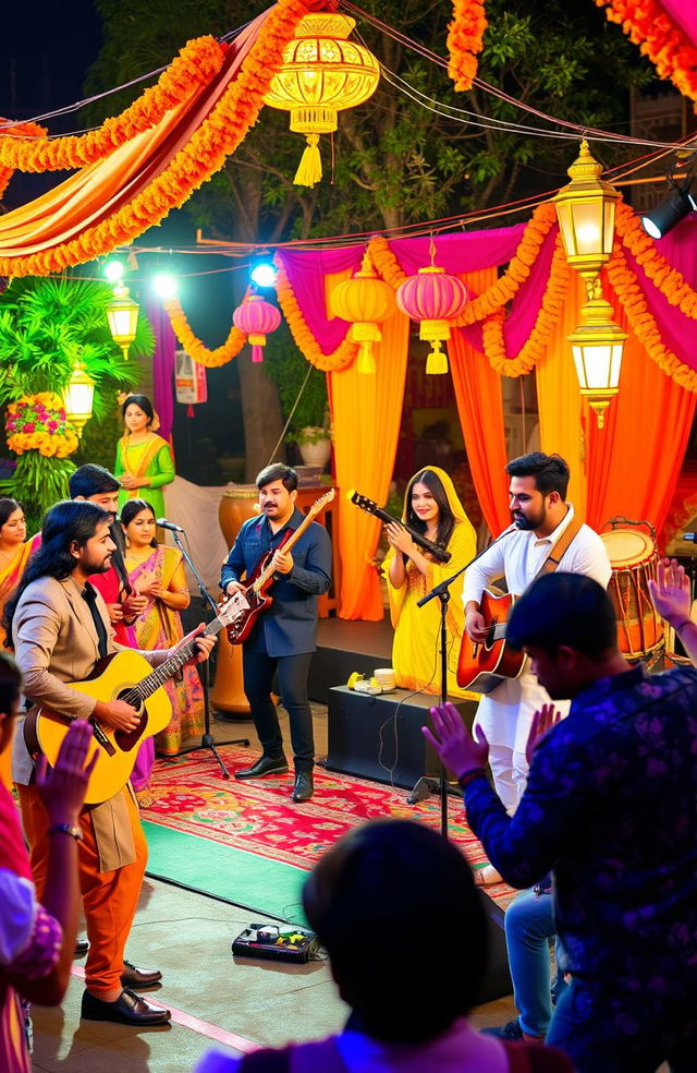 A vibrant and dynamic music cover featuring a group of musicians performing popular Hindi hits