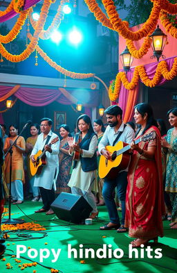 A vibrant and dynamic music cover featuring a group of musicians performing popular Hindi hits