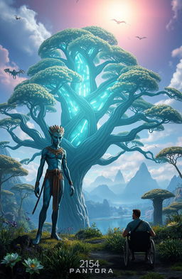 A breathtaking sci-fi landscape of Pandora, illustrating the year 2154, featuring lush bioluminescent flora and a vibrant atmosphere