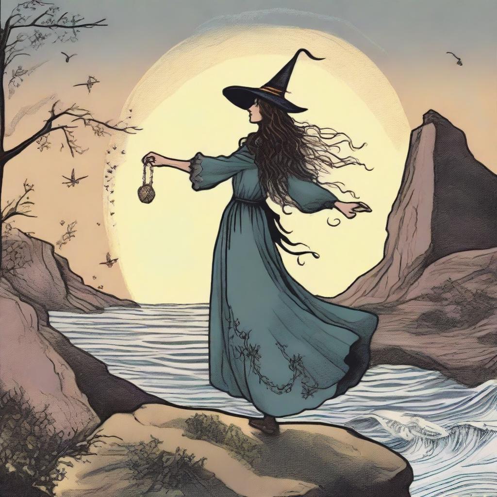 The Fool Tarot card reimagined, featuring a joyous witch standing at the cliff's edge, drawn in the whimsical and magical style of the movie 'Practical Magic'