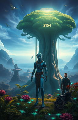 A breathtaking sci-fi landscape of Pandora, illustrating the year 2154, featuring lush bioluminescent flora and a vibrant atmosphere