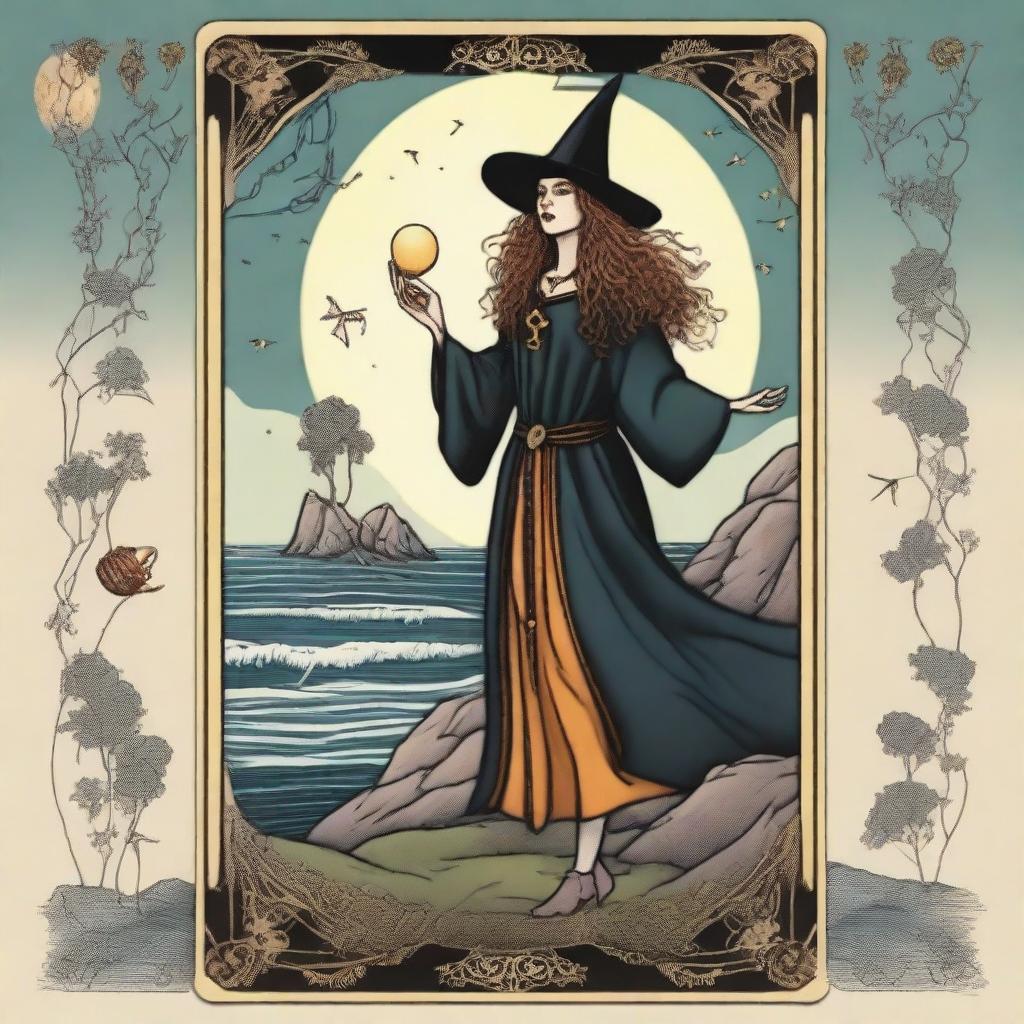 The Fool Tarot card reimagined, featuring a joyous witch standing at the cliff's edge, drawn in the whimsical and magical style of the movie 'Practical Magic'