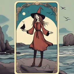 The Fool Tarot card reimagined, featuring a joyous witch standing at the cliff's edge, drawn in the whimsical and magical style of the movie 'Practical Magic'