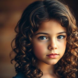 A portrait of a girl with curly brown hair cascading down her shoulders, vibrant and full of texture