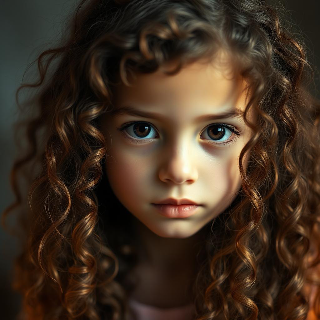 A portrait of a girl with curly brown hair cascading down her shoulders, vibrant and full of texture